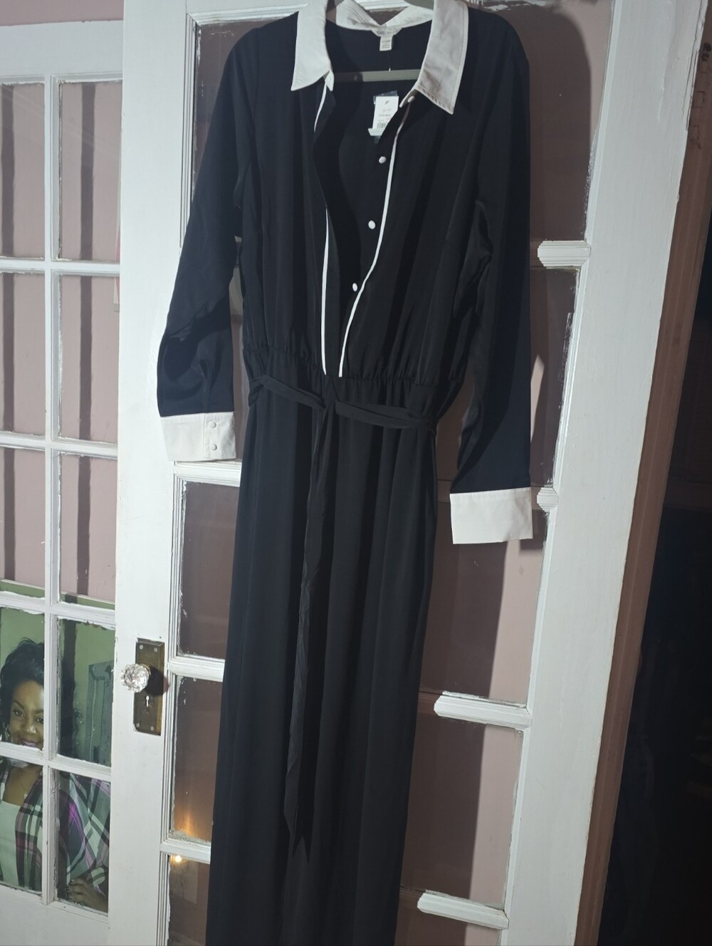 Cato Black Maxi Pantsuit with White Collar & Cuffs